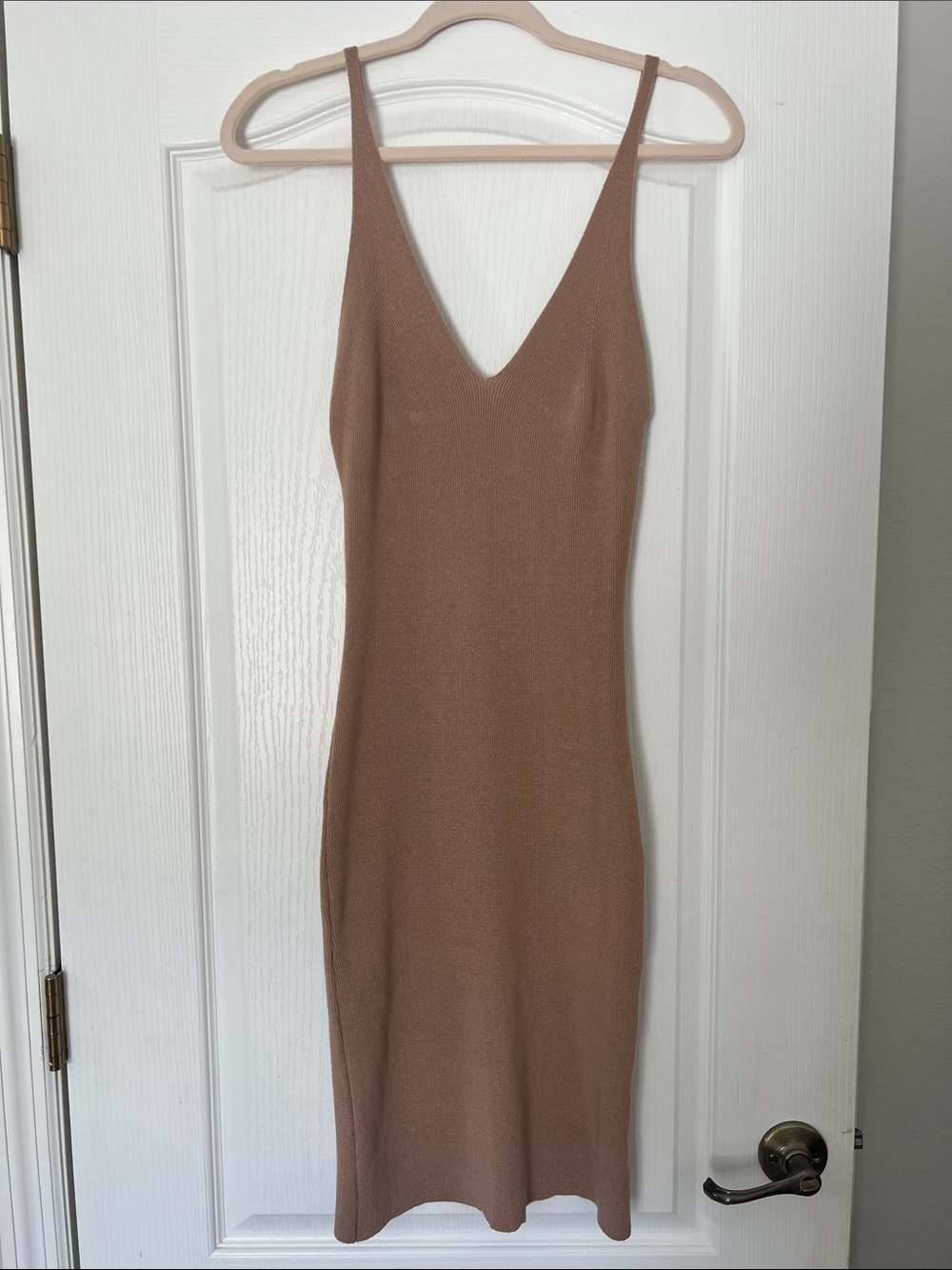 Sleeveless V-Neck Midi Bodycon Dress in Taupe